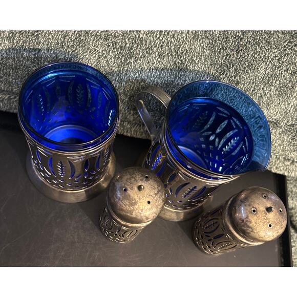 Cobalt Blue Glass Insert Silver Plated Shakers Sugar and Creamer Antique - Picture 2 of 6